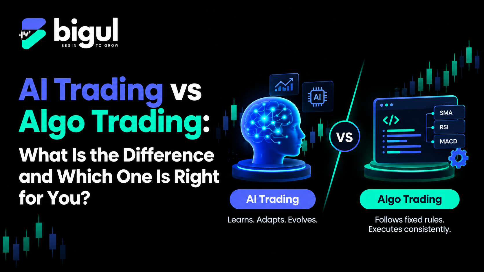 AI trading vs algo trading comparison showing differences in decision-making, adaptability, and SEBI compliance in India